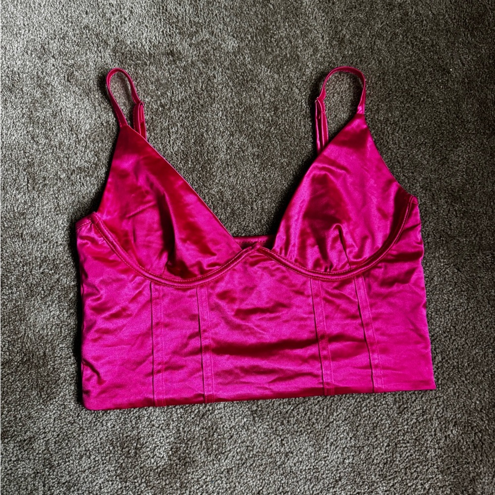 pink satin deep V crop top